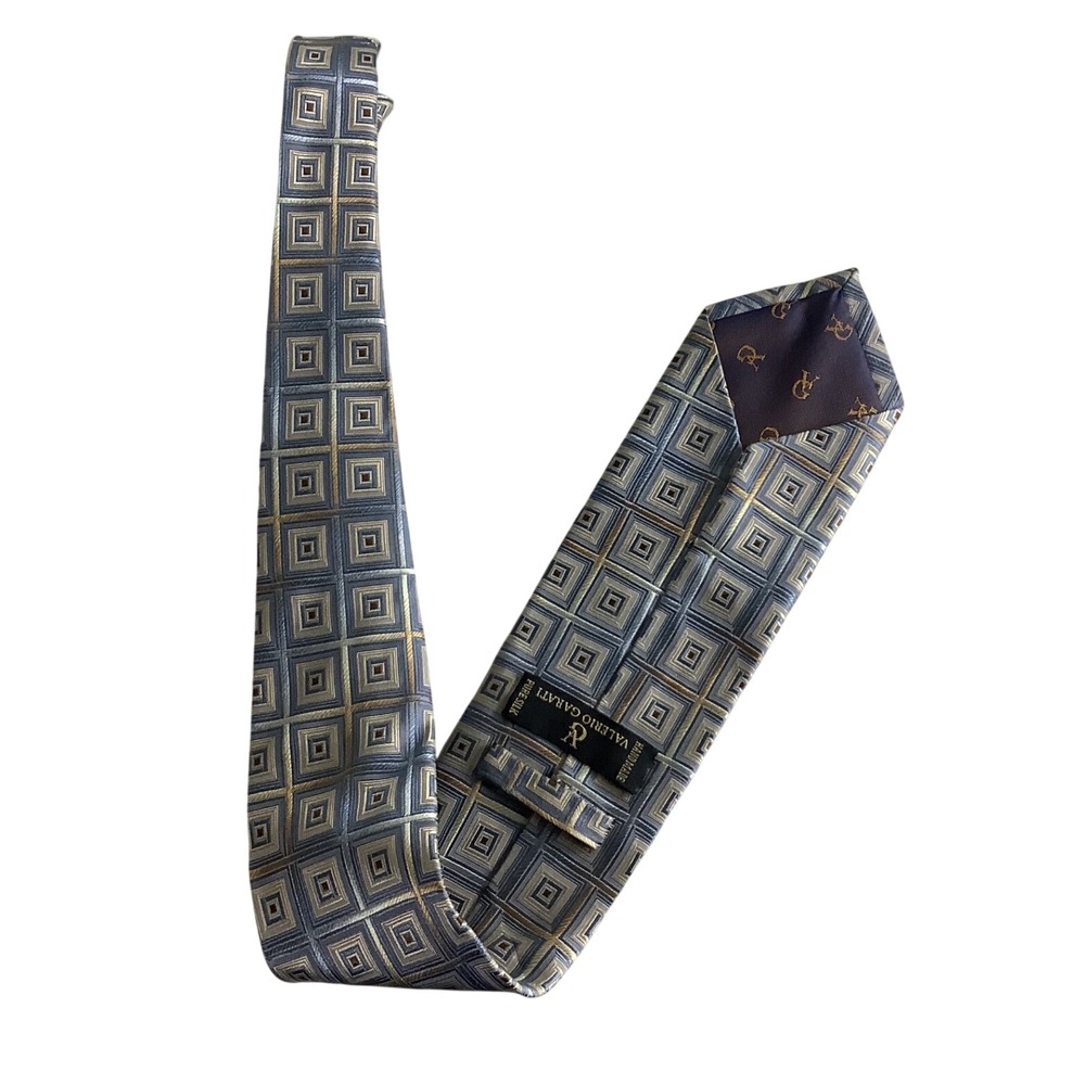 Valerio Garati Mens Silk Tie Blue Gold Geometric Square Pattern Handmade Italy
